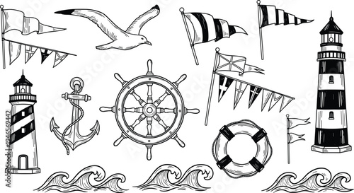 Large Set of Hand Drawn Nautical Illustrations Featuring Lighthouses Anchor Steering Wheel Seagull Waves and Signal Flags Isolated on White Background for Coastal Design Project