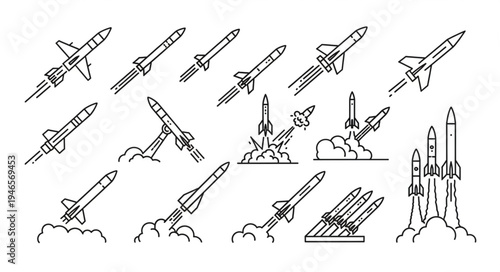 Collection of Rocket Launch Illustrations in Line Art Style.