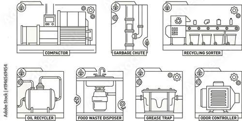 Various schematic diagrams illustrate commercial kitchen waste management systems like a garbage chute, grease trap, and oil recycler.