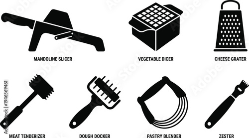 A collection of black and white kitchen utensil icons includes a mandoline slicer, meat tenderizer, and pastry blender for cooking preparation.