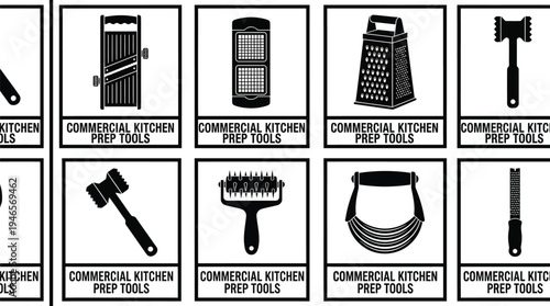 A grid layout presents various black silhouette icons representing commercial kitchen preparation tools like graters and meat tenderizers.