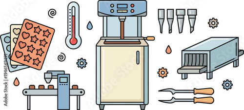 A colored illustration displays chocolate production equipment including a tempering machine, molds, conveyor, and cooling unit for confectionery.