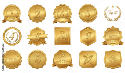 A set of gold award badges and seals for top rankings and quality recognition