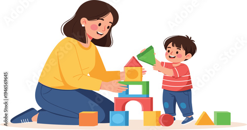 Mother and Son Playing with Colorful Building Blocks at Home, Family Bonding Activity, Early Childhood Learning Cartoon Vector Illustration