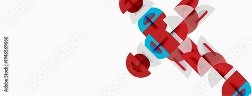 Abstract design features red, blue circles, rectangles. Overlapping shapes create dynamic composition on white background. Minimalist aesthetic.