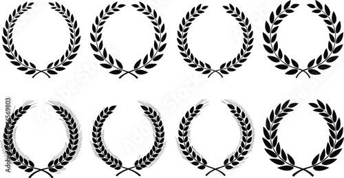 Set of Black Laurel Wreath Silhouettes Featuring Various Wheat Stalks and Leafy Branches Isolated on White Background for Award Victory Heraldry and Organic Branding Illustration