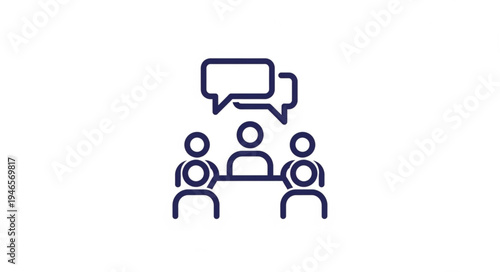 Three people icons in discussion with speech bubbles above heads.