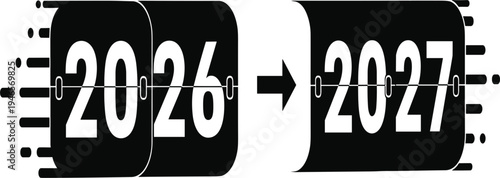 New Year 2026 to 2027 Transition Flip Calendar Concept with Modern Black Typography for Time Change, Business Planning, and Holiday Celebration Design