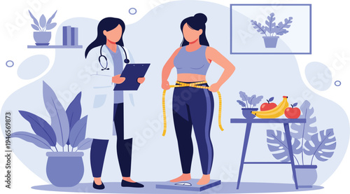 Nutritionist Measuring Woman Waist with Tape While Standing on Scale with Healthy Food on Table for Diet Plan, Weight Loss, and Fitness Consultation Concept