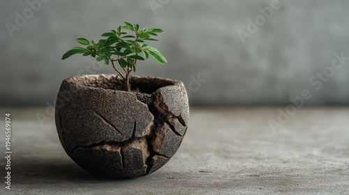 Young sprout growing from a broken dark ceramic bowl, representing the concept of rebirth, healing, and finding strength and beauty within imperfections and challenging situations.