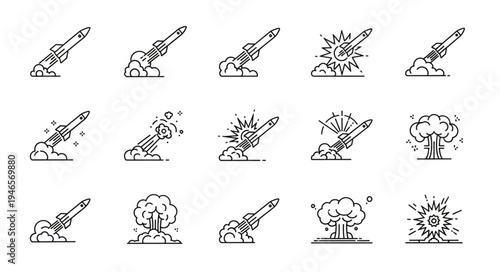 Collection of rocket launch and explosion icons in a simple line art style.
