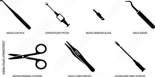 A row of black silhouette icons displays specialized microsurgical tools, including scissors, forceps, and specialized picks for delicate operations.