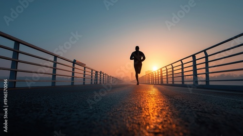 Silhouette of an athlete running across a modern bridge at sunrise with glowing orange light reflecting on the pavement, depicting urban fitness, discipline, and new beginnings.