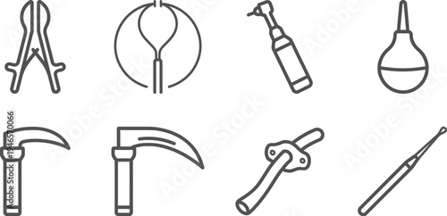 A set of various line art icons depicts different types of surgical instruments used in medical procedures and diagnostics.