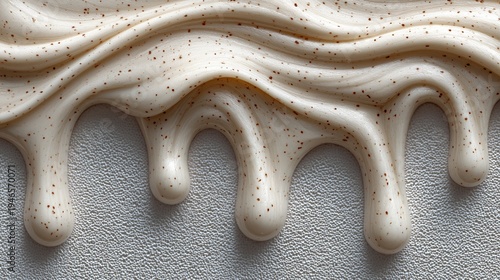 Close up of creamy substance with flowing dripping shapes and natural particles. Cosmetic and skincare background for beauty branding and advertising