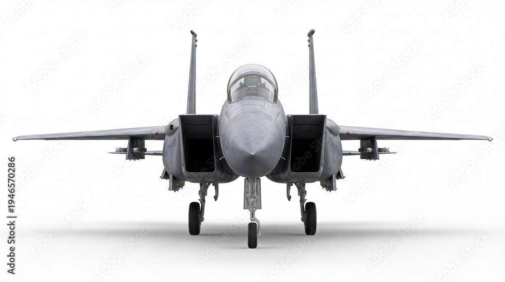 Fototapeta premium Eagle Ready to Soar: A sleek, gray fighter jet stands poised, embodying power and precision in aviation technology, with wings extended ready to take off.
