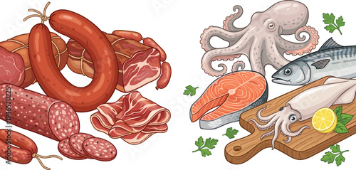 Meat and seafood collection illustration, sausage salami bacon fish salmon octopus squid fresh protein food vector isolated set