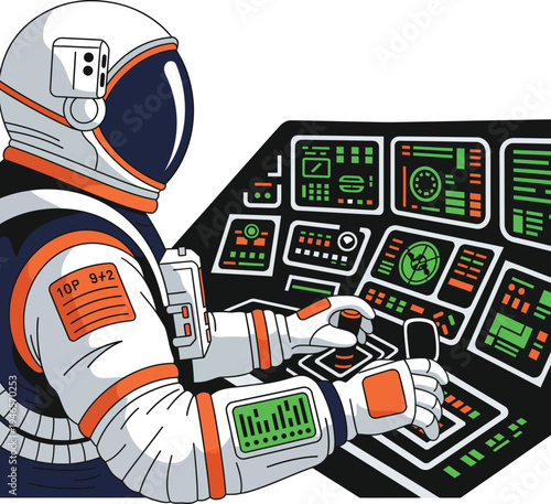 Astronaut piloting spaceship control panel with futuristic technology.