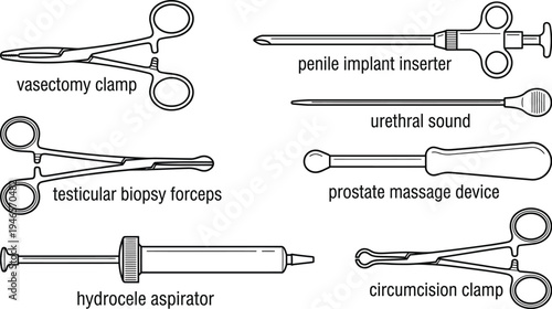A collection of specialized urological and surgical instruments features clamps, aspirators, and probes with descriptive labels.