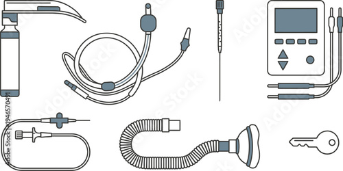 Various medical respiratory and monitoring accessories including tubing, a resuscitation bag, and a digital control unit are arranged for clinical use.