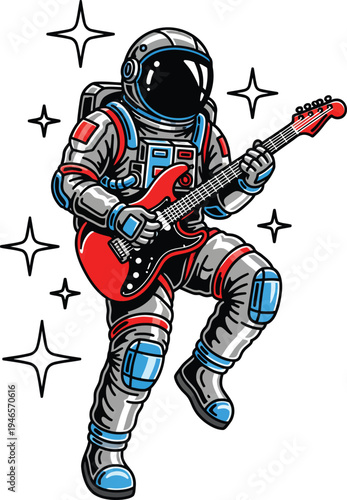 Astronaut Playing Electric Guitar in Outer Space.