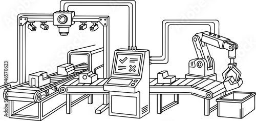 Line art vector of automated quality control, conveyor belt and robotic arm