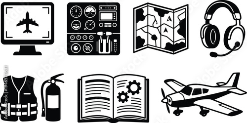 Pilot equipment icons represent aviation safety and navigation tools for flight training and operations.