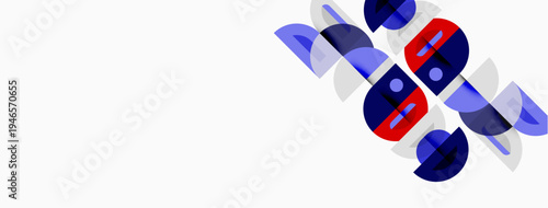 Abstract geometric shapes, circles, red, blue, white. Minimalist design, modern aesthetic, clean composition. Diagonal arrangement.