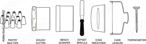 A second set of essential baking operation accessories including multiple pastry tips, a dough cutter, and an offset spatula are shown as line drawings.