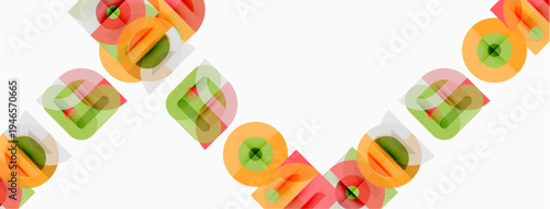 Abstract pattern features overlapping colorful circles, rectangles. Design appears repetitive, creating dynamic visual texture.