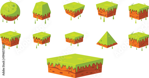 Cartoon floating grass island tiles collection for game terrain level design green slime vector illustration set