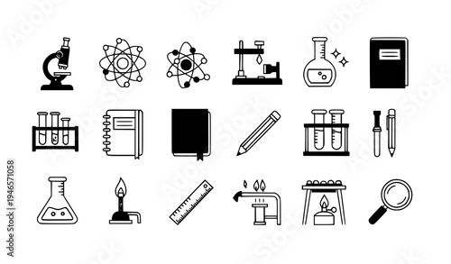 School laboratory science icons microscope atom test tube education vector set