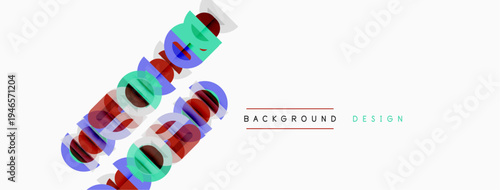 Abstract colorful text overlaps white space. Background design elements present, minimalist style. Simple composition.