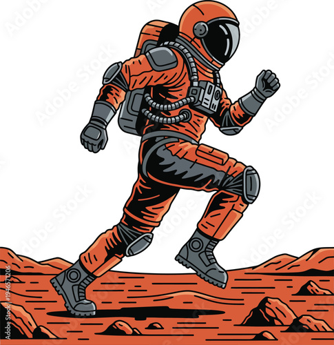 Astronaut Running on Mars Surface in Spacesuit.