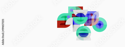 Abstract geometric shapes overlap, creating colorful composition. Circles, squares, rectangles blend into modern design.
