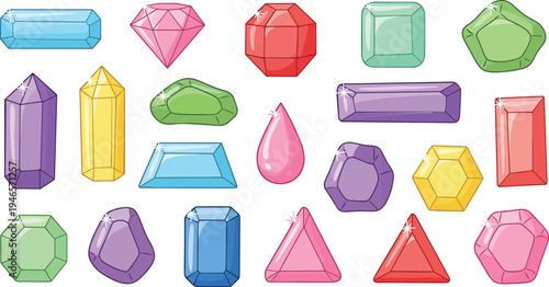 Colorful gemstone collection with different crystal shapes diamond ruby emerald sapphire cartoon vector illustration set