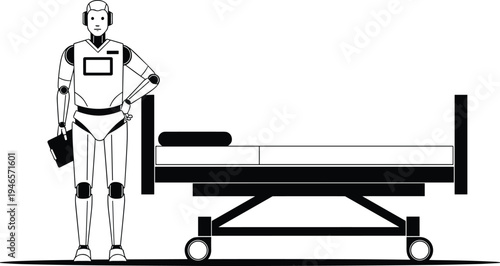 Medical robot assistant with hospital bed illustration, futuristic healthcare technology concept, robotic nurse support, modern medical innovation clipart