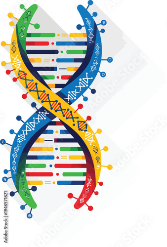 Colorful DNA Double Helix Structure with Scientific Elements.
