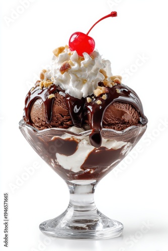 Chocolate Sundae in a Glass Dessert Cup on a White Studio Background
