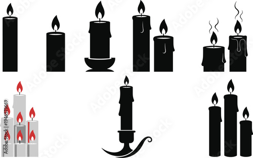 Candle silhouette icon set, black burning candles collection with flames, minimal wax candle shapes, decorative light clipart isolated