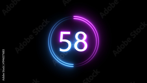 A dynamic circular illustration, and glowing count neon number 58 illustration . on a black background. and creating a stunning 4k illustration.
