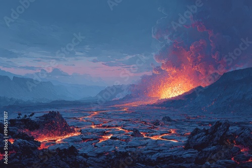 Cinematic volcanic scene: ash plume, lava rivers, and molten rock