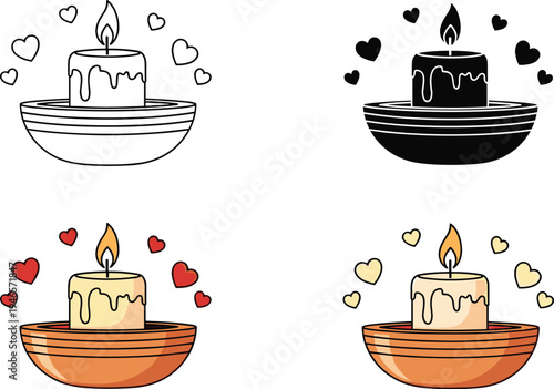 Romantic candle with hearts illustration set, love themed decorative candle light, valentines clipart design, cozy romantic ambience icon