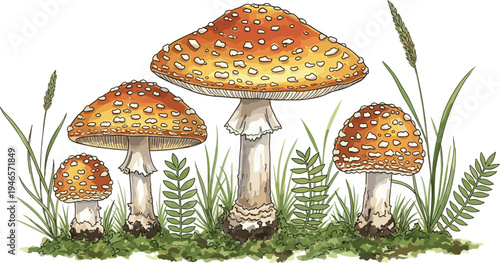 Wild forest mushrooms illustration, detailed toadstool fungi with grass plants, natural woodland botanical clipart, hand drawn nature design isolated