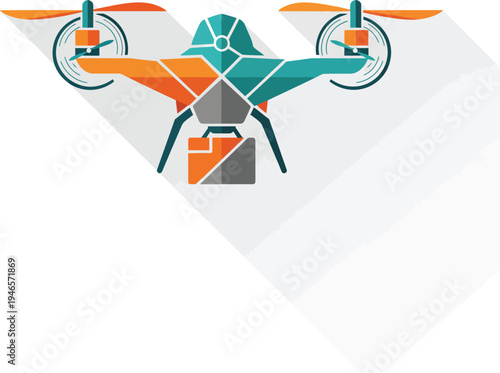 Modern Geometric Drone Delivering Package with Long Shadow.