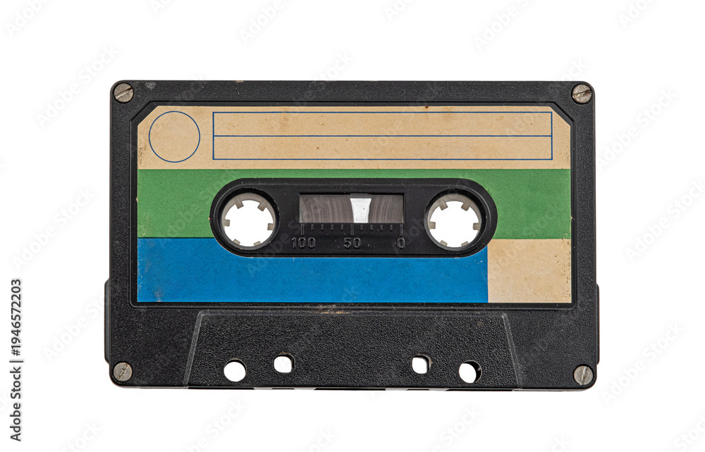 Naklejka premium used vintage audio tape cassette isolated, a symbol of 80s, 90s period on white background