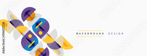 Abstract geometric shapes overlap, creating dynamic visual interest. Yellow, purple, orange hues dominate neutral backdrop. Minimalist design.