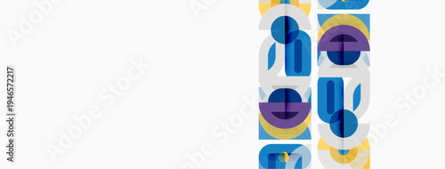 Abstract geometric shapes, circles, lines. Blue, yellow, gray colors dominate composition. Minimalist design, modern aesthetic.