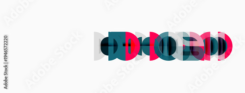 Abstract graphic design features overlapping circles, pink, teal, gray hues. Minimalist composition on white background. Modern aesthetic.