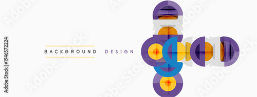 Abstract geometric shapes overlap, creating colorful design. Purple, orange, blue tones dominate composition. Modern background element.